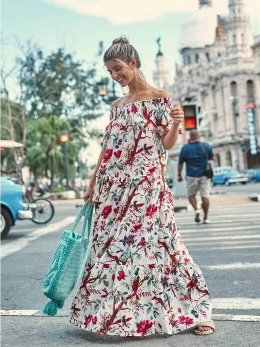 Floral Off-Shoulder Maxi Dress in White and Pink OS